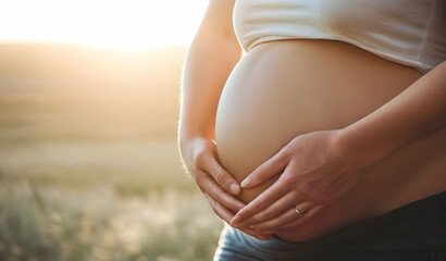 Pregnant woman's belly, closeup to pregnant woman belly with sun ray effect with copy space