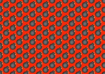 Bomb. Bomb pattern. Pattern with explosives. Red background. Seamless pattern with black bomb