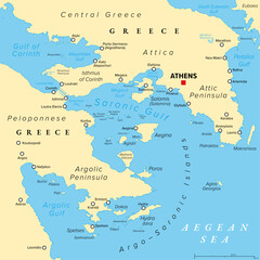 Argo-Saronic Gulf, Saronic and Argolic Gulf of Greece, political map. The peninsulas of Attica and Argolis, the Argo-Saronic Islands, Isthmus of Corinth, Corinth Canal and the Greek capital Athens.