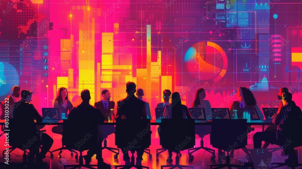 Aufkleber a group of people are sitting around a table having a meeting. there are graphs and charts projected