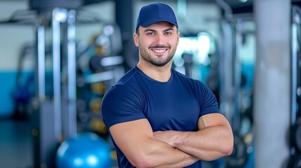 Fototapeta na wymiar Confident male personal trainer. fitness instructor. an athletic man at the gym.