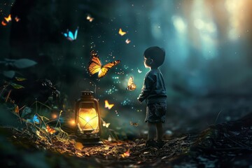 Naklejka premium A person finding a magic lantern that illuminates his path with bright light and colorful butterflies leading him forward, symbolizing the return of hope and creativity