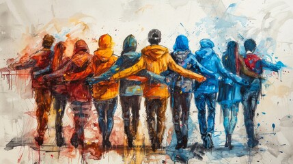 Fototapeta premium A group of people in colorful jackets walking away from the viewer, holding hands in unity.