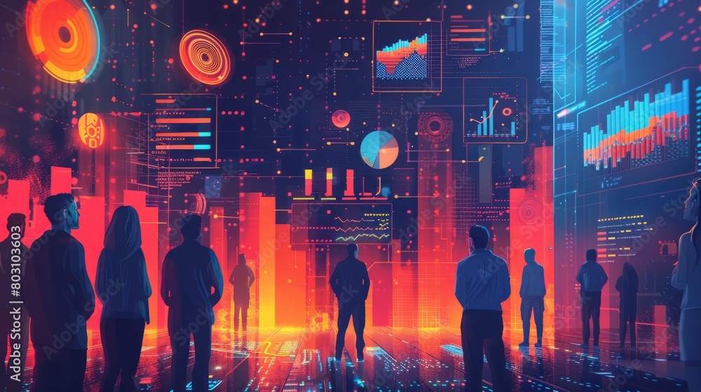 Poster a group of people standing in a room looking at a large screen with a lot of data and graphs on it.