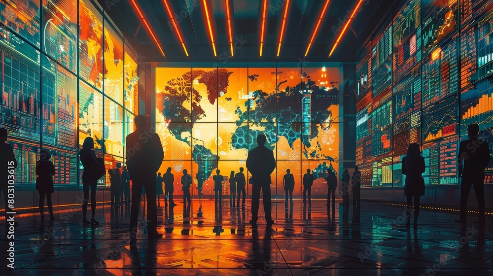 Poster a group of people standing in a room looking at a large screen with a map of the world on it.