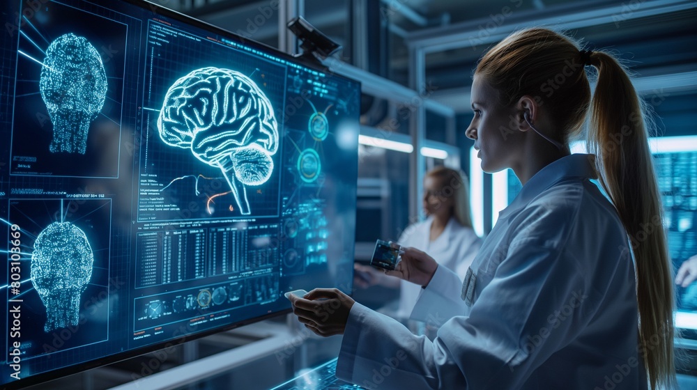 Poster neuroscientists analyzing brain scans on digital display