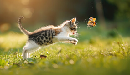 A cute kitten chasing after butterfly, leaping in the air against green grass