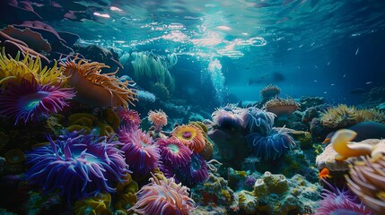 Underwater Wonderland: Stunning coral reef ecosystem showcasing the beauty of sea anemones, vibrant corals, and marine algae.