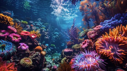 Underwater Wonderland: Stunning coral reef ecosystem showcasing the beauty of sea anemones, vibrant corals, and marine algae.