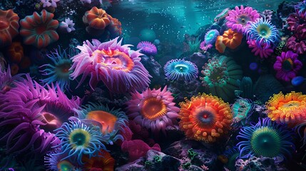Vibrant Coral Reef: Colorful coral formations teeming with life, including vibrant sea anemones and exotic marine plants.