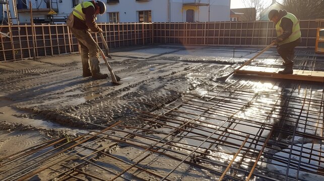 Construction workers using tools to level freshly poured concrete on a building site.