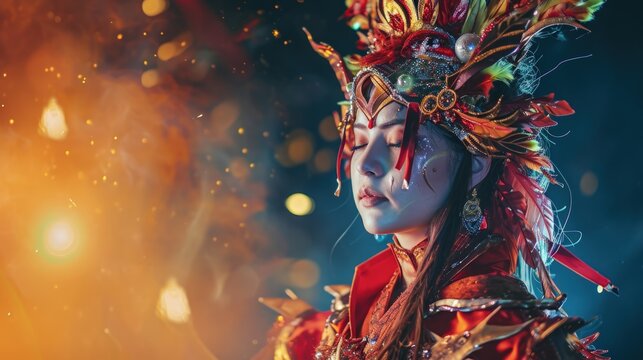 Cosplayers in vibrant and detailed costumes. Copy Space.