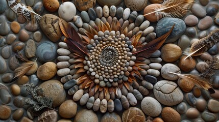 A unique mandala incorporating a mix of smooth river stones dried grasses and feathers inspired by the lush beauty of a calming riverbank..