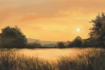 A soft pastel chalk drawing of a serene landscape during the golden hour