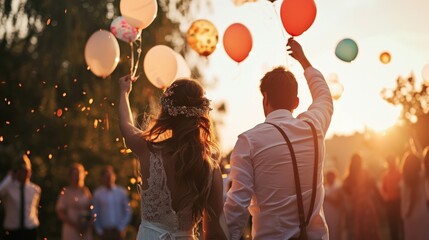Couple releasing balloons at the wedding party. Copy Space