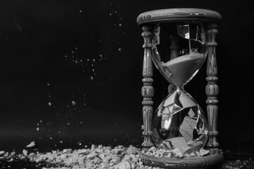 A broken hourglass with sand stuck at the top, symbolizing the stagnation of time in depression - obrazy, fototapety, plakaty