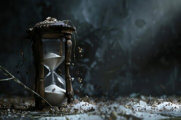 A broken hourglass with sand stuck at the top, symbolizing the stagnation of time in depression - obrazy, fototapety, plakaty