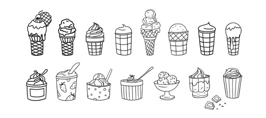 Big set of ice cream in a waffle cone and waffle cup in doodle style. Great for summer dessert menu design, print, web or advertising. Coloring book. Hand drawn