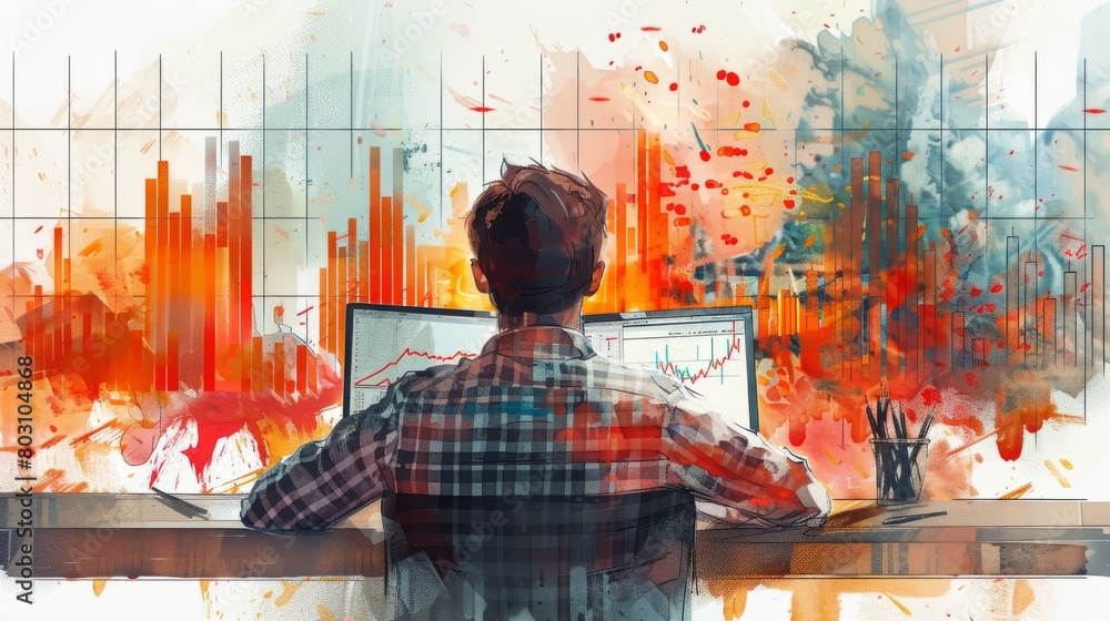 Poster a man looking at a computer screen with a graph of red and orange lines and watercolor paint splatte