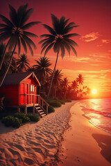 A view of a beach with a hut and palm trees at sunset, beach sunset background