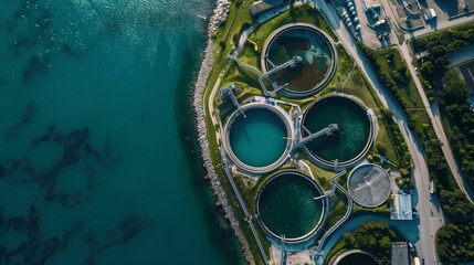 Aerial view of a modern wastewater treatment plant near a vibrant turquoise sea.