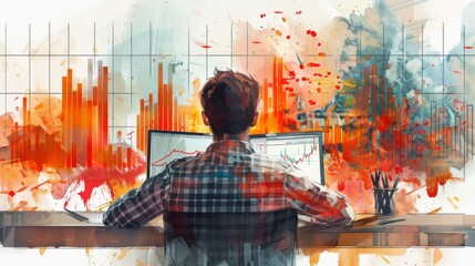 A man looking at a computer screen with a graph of red and orange lines and watercolor paint splatters in the background.