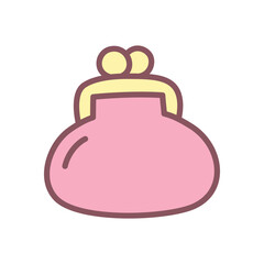 Cute wallet icon. Hand drawn illustration of a pink retro purse isolated on a white background. Kawaii sticker. Vector 10 EPS.
