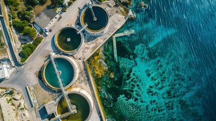 Aerial view of a water treatment plant next to a clear blue sea with visible seabed textures.