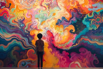 A person standing in front of a large, previously unblemished canvas that begins to fill with vibrant colors and patterns, symbolizing the return of creative inspiration