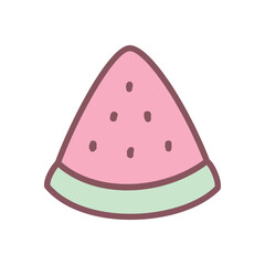 Cute watermelon icon. Hand drawn illustration of a watermelon slice isolated on a white background. Kawaii sticker. Vector 10 EPS.