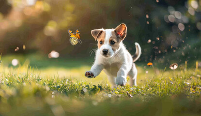 A cute puppy chasing after butterfly, leaping in the air against green grass