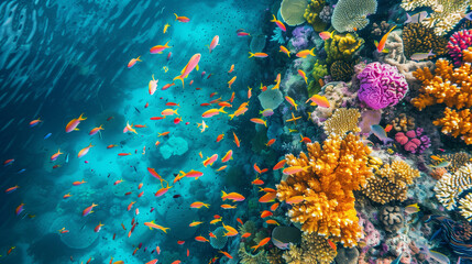 Aerial view of coral reef and fishes