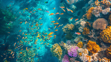 Aerial view of coral reef and fishes