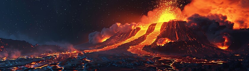 Volcanic eruption under the night sky with molten lava, displaying dramatic contrasts and intense natural forces with digital enhancements