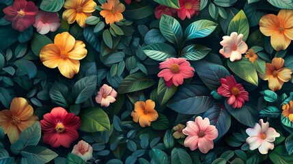 A vibrant image of lush tropical foliage and blooming flowers wallpaper.