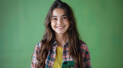 Fototapeta premium Woman holding a cell phone on a green background