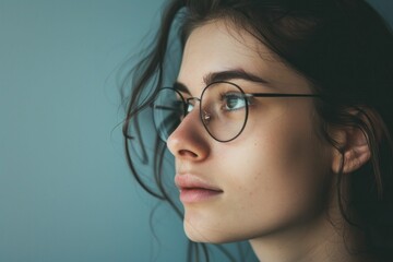 Fototapeta premium Close up portrait of a beautiful young woman with eyeglasses on a blue background, looking confident and stylish
