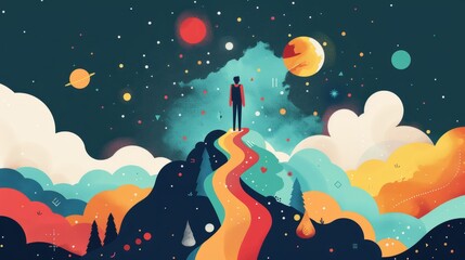 A man standing on a mountaintop, looking out over a surreal landscape. The sky is filled with stars, planets, and other celestial bodies. The ground is covered in colorful clouds and strange plants.