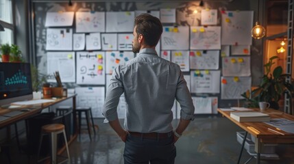 A man standing with his hands behind his back looking at a wall full of sticky notes and papers.