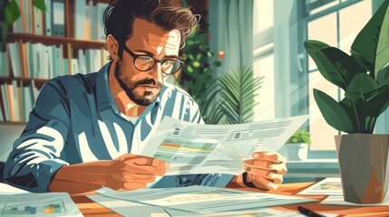 A man wearing glasses is looking at a document while sitting at his desk. He has a beard and short brown hair. He is wearing a blue shirt and there are plants and bookshelves in the background.