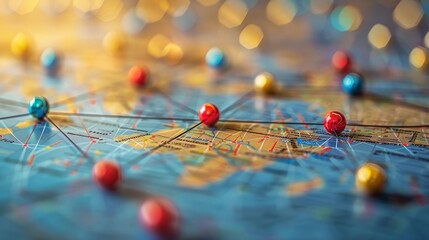 A map with red, blue, and yellow pins connected by strings.