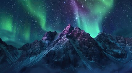 Mountain peaks under the aurora borealis on a starry night, blending natural wonders with high tech visual effects for a dramatic scene - obrazy, fototapety, plakaty
