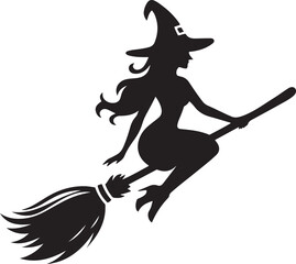 Silhouette of a witch flying on a broomstick vector illustration.