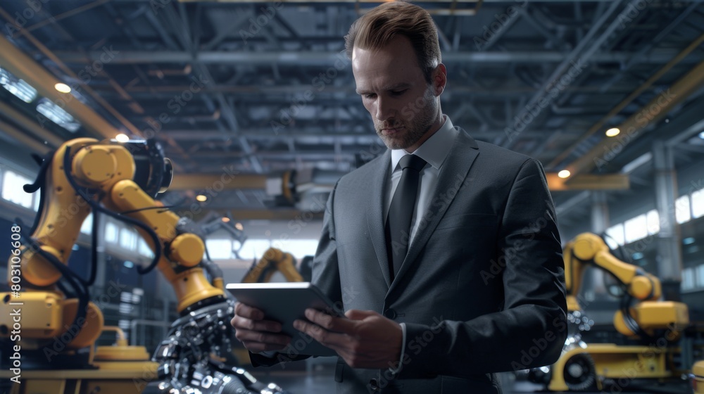 Aufkleber engineer monitoring robotics on tablet