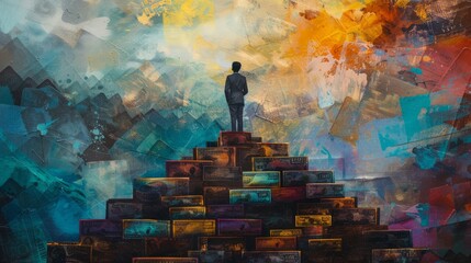 A painting of a man standing on a pyramid of money, looking out over a colorful landscape.