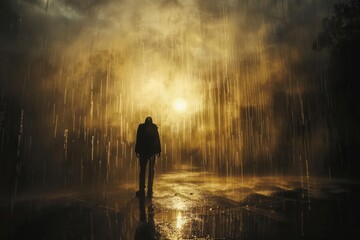 A figure standing in the rain, with the sun beginning to break through the clouds, symbolizing the emergence of hope