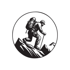 Vector silhouette design of an adventurer climbing a rocky mountain.