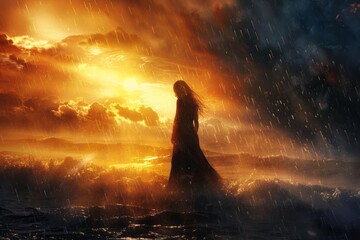 A figure standing in the rain, with the sun beginning to break through the clouds, symbolizing the emergence of hope