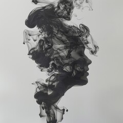 Black smoke in the shape of an abstract woman, white background