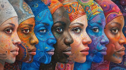 A painting of seven women of different ethnicities, each with a unique and colorful headdress.
